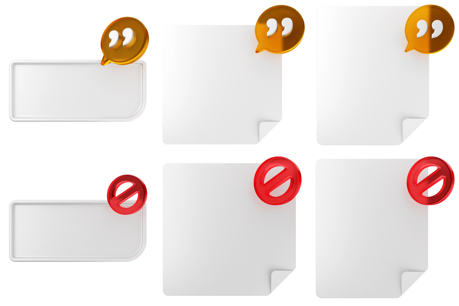 Four blank paper documents with speech bubbles and red speech bubble icons png