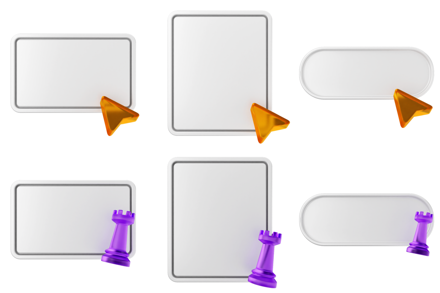 Four blank white cards with orange and purple pieces png