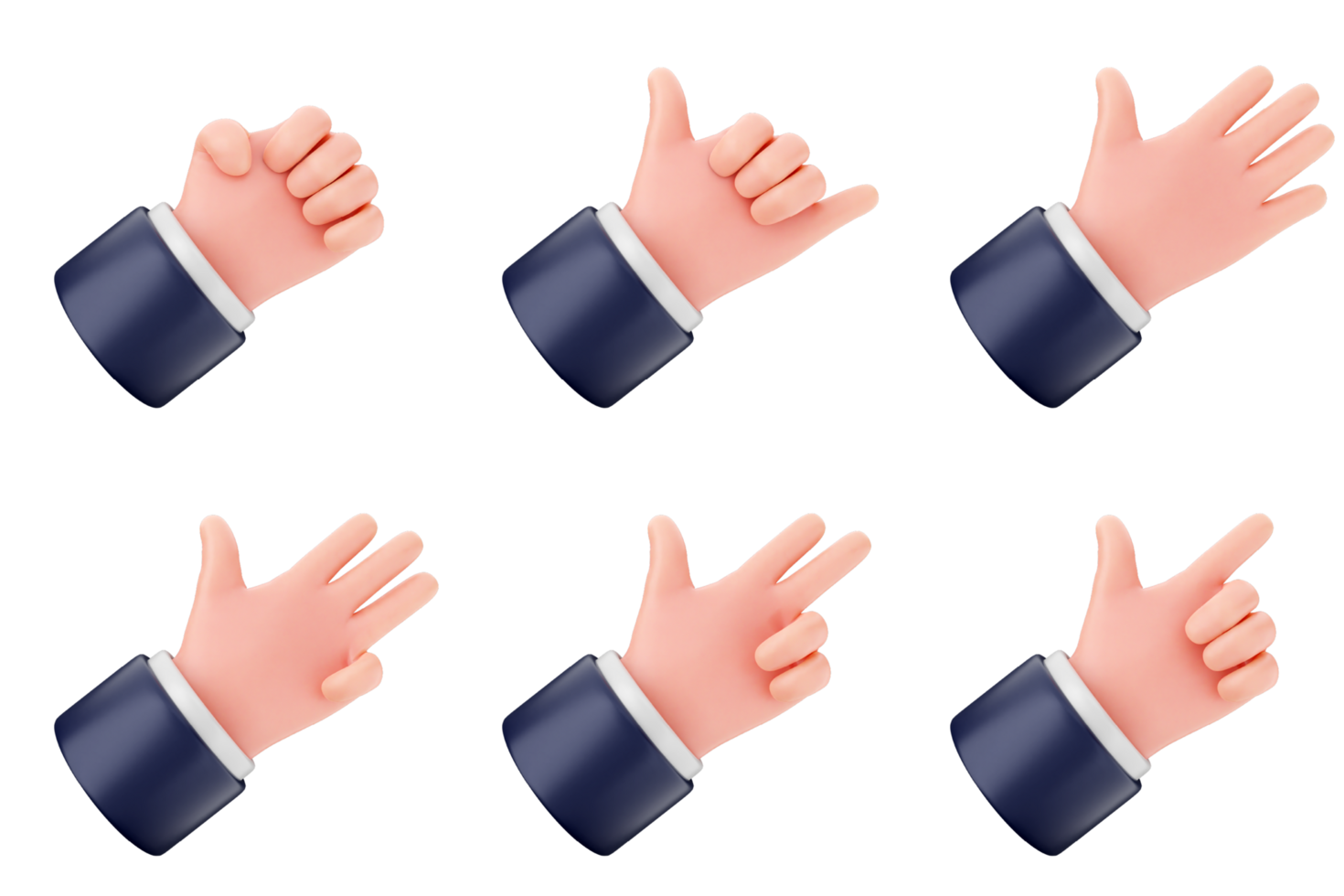 A set of six hands with different gestures png