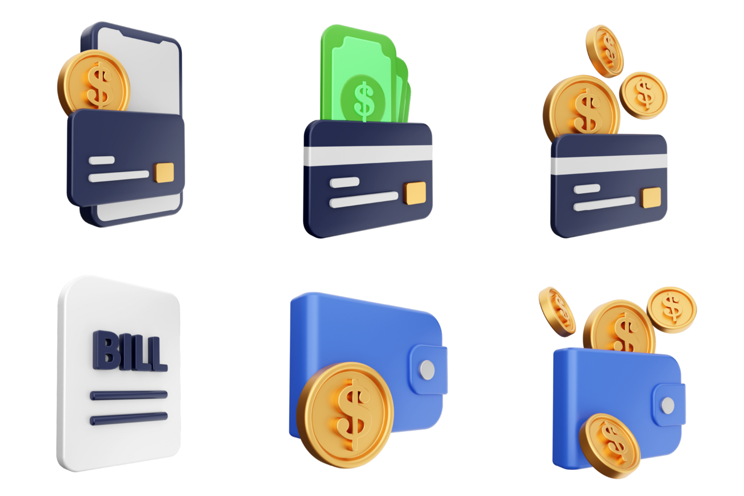 A set of icons depicting money, credit cards and bills png