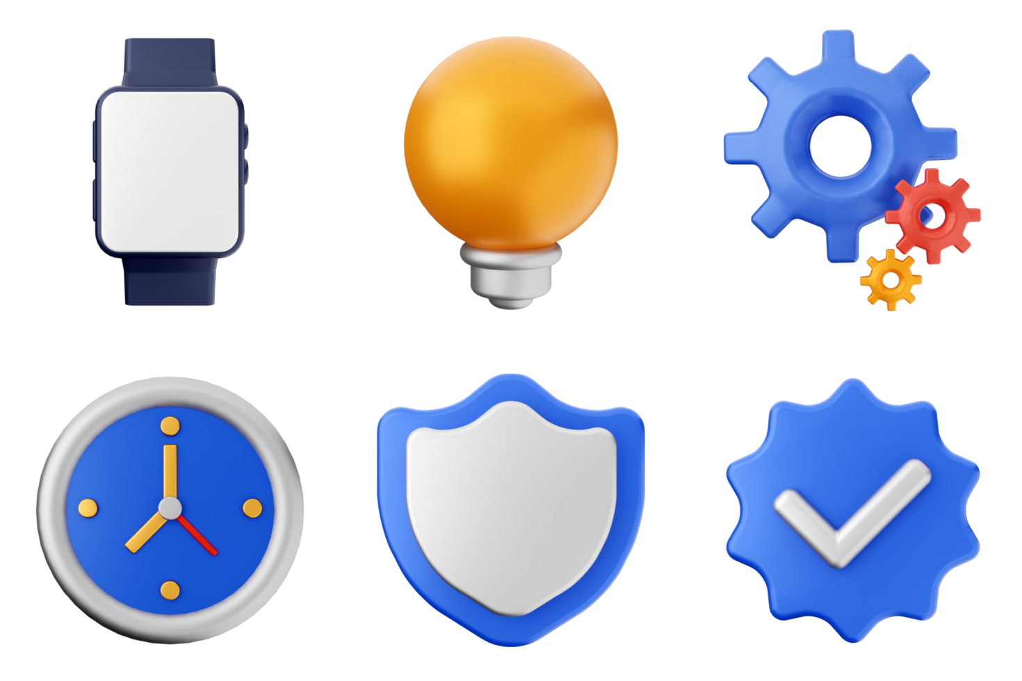 A set of icons that include a clock, a watch, a light bulb, a gear, png