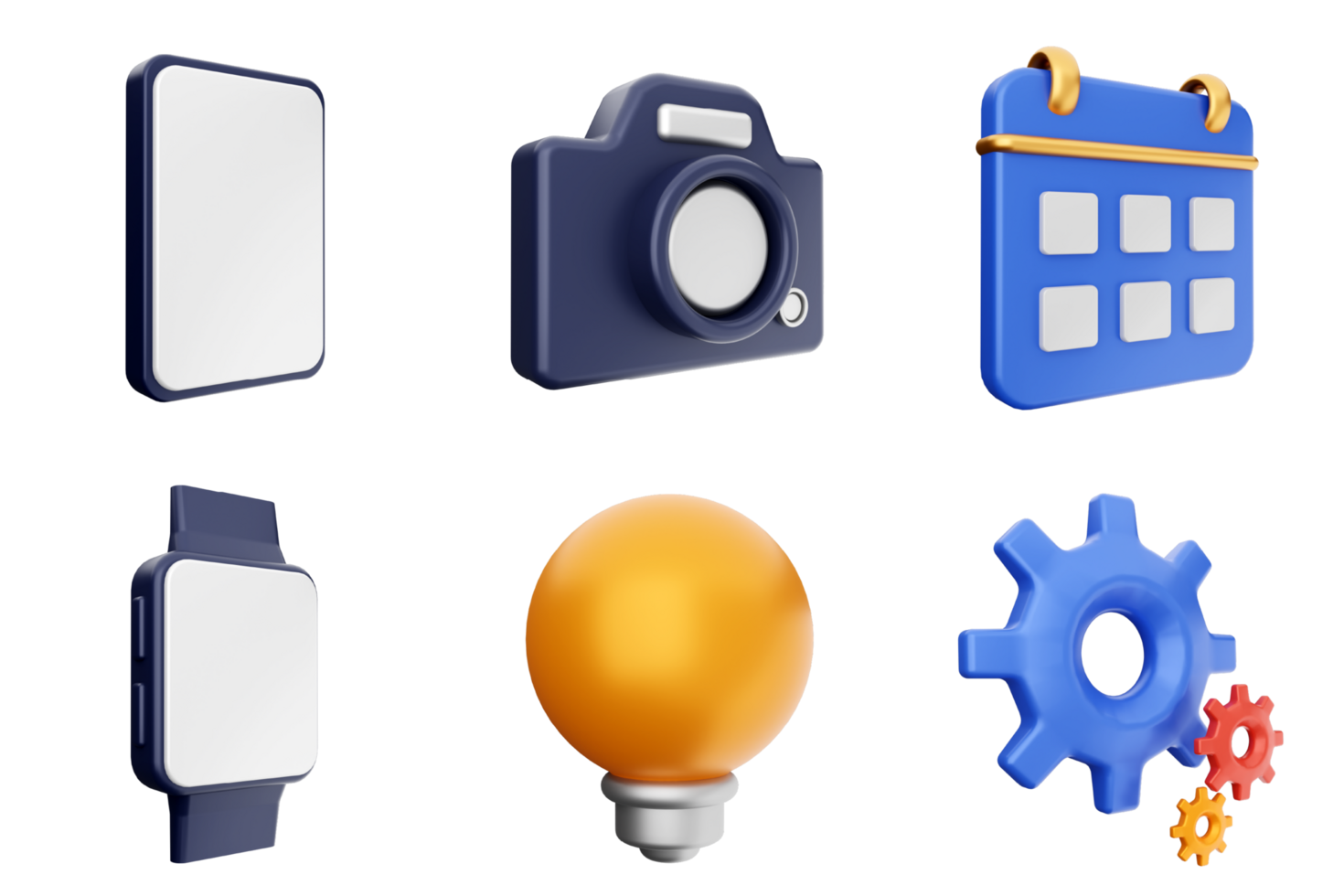 A set of icons that include a clock, a calendar, a light bulb, and a gear png