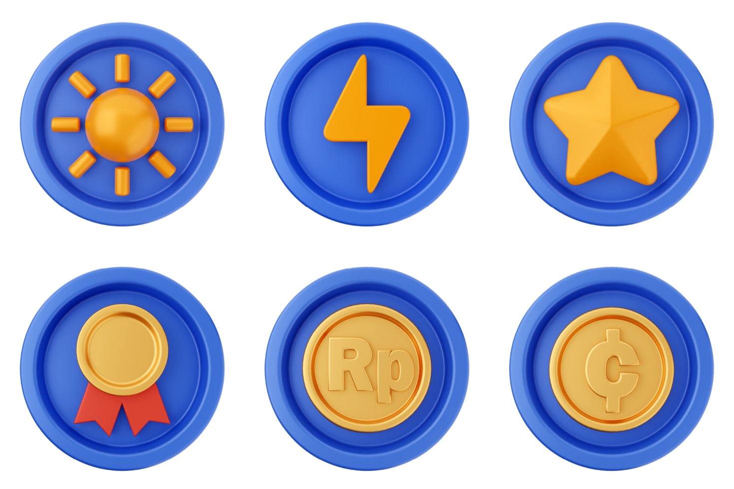 A set of six blue coins with different symbols png