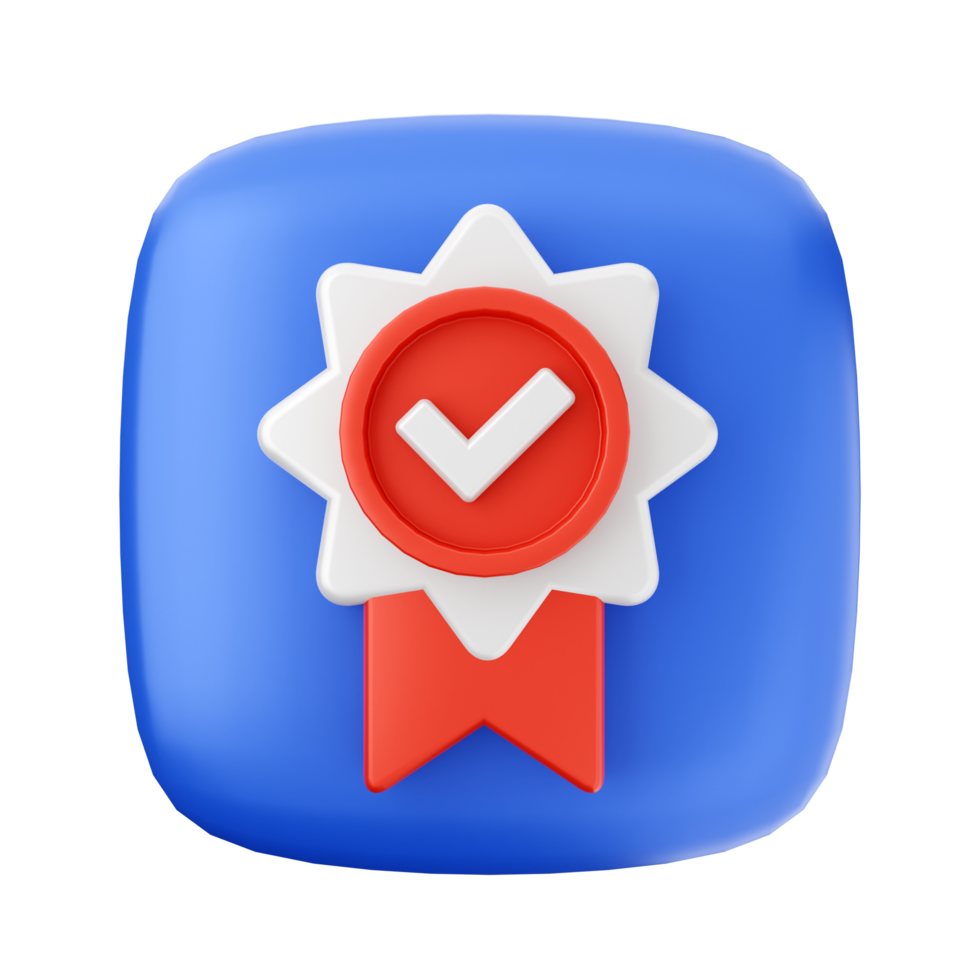 A blue button with a red tick and a red ribbon png