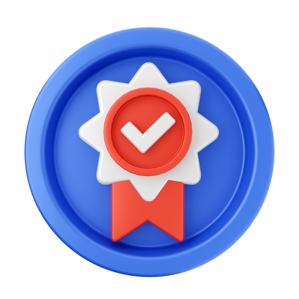 A badge with a red tick and a blue ribbon png