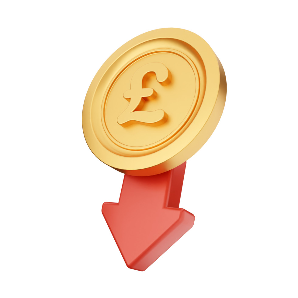 Golden pound coin with arrow pointing down on black background png