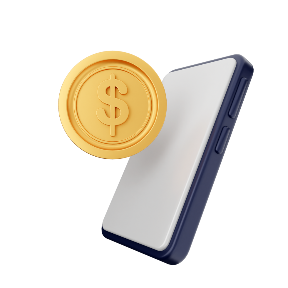 Mobile phone with gold coin and dollar symbol isolated on black background png