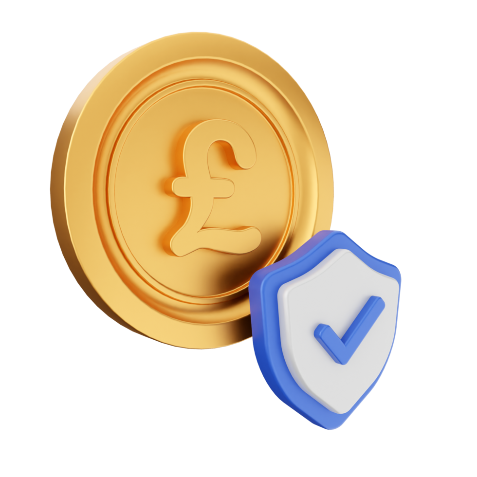 Golden pound coin with shield and check mark on black background png