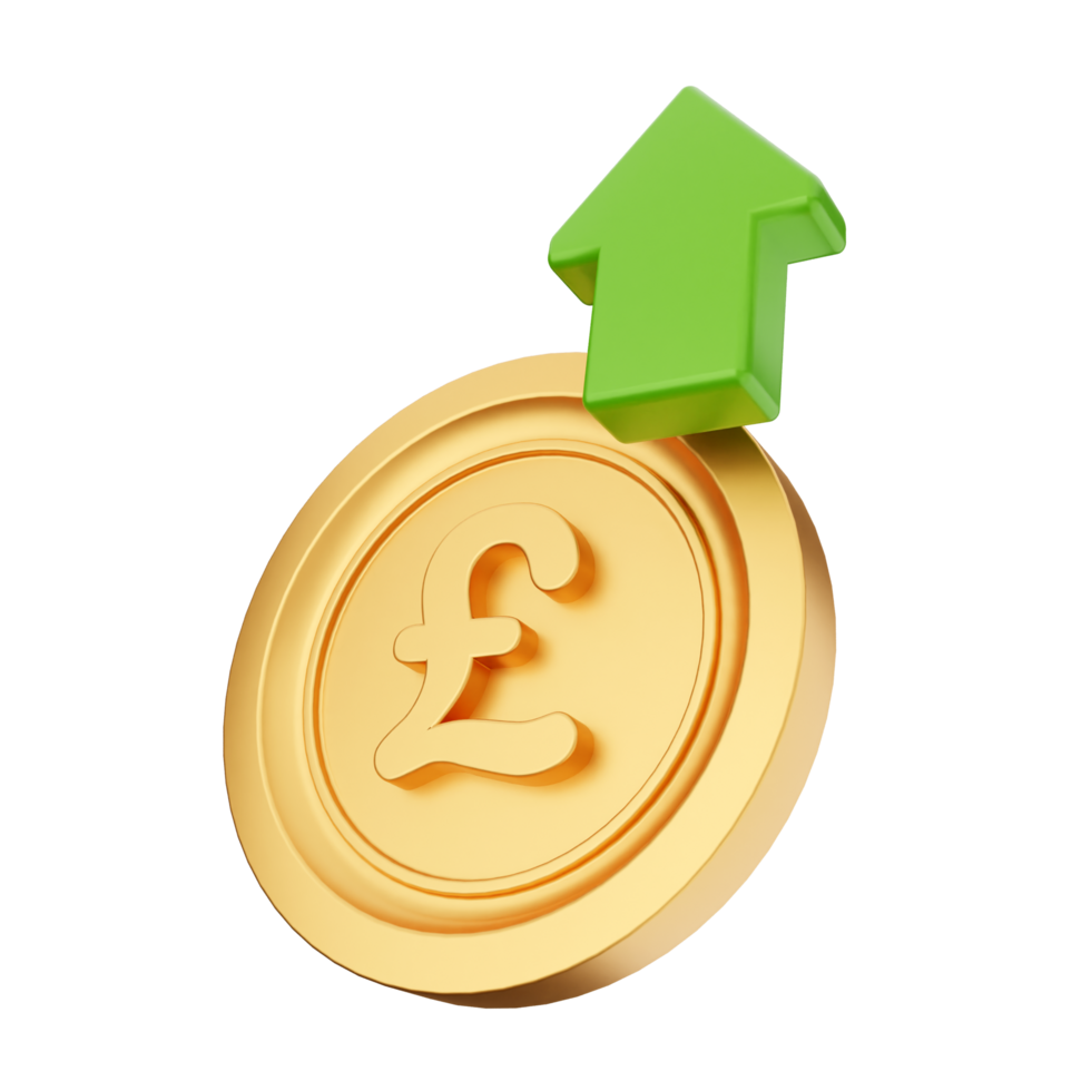 Pound coin with green arrow and rising up on black background png