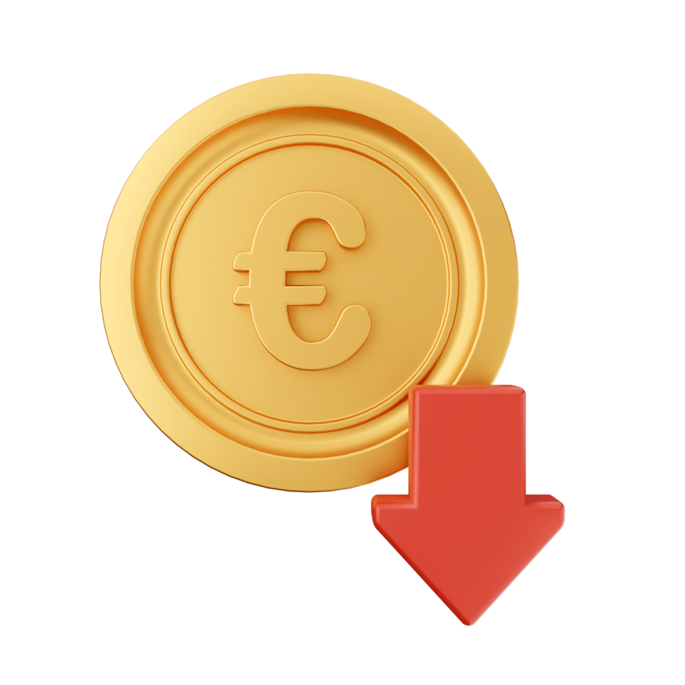 A gold euro coin with a red arrow pointing down png