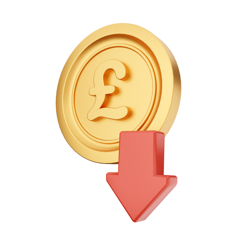 Pound coin with red arrow down on black background png