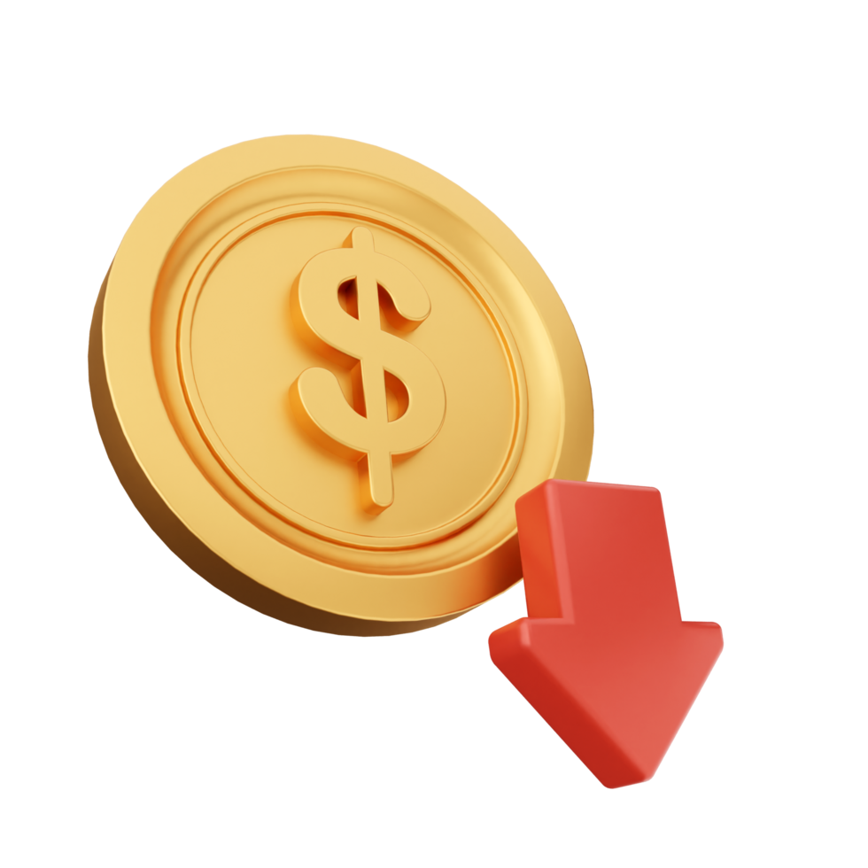 Gold coin with dollar sign and red arrow on black background png