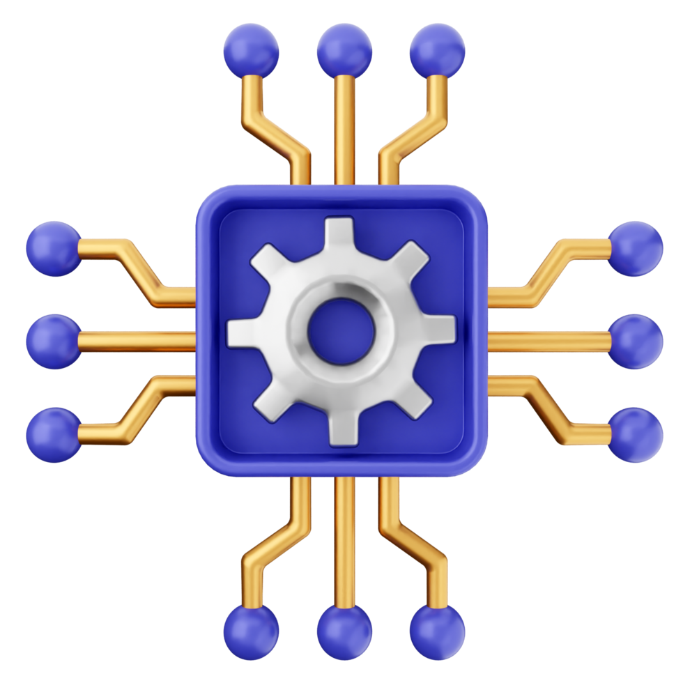 A blue and gold computer chip with gears png
