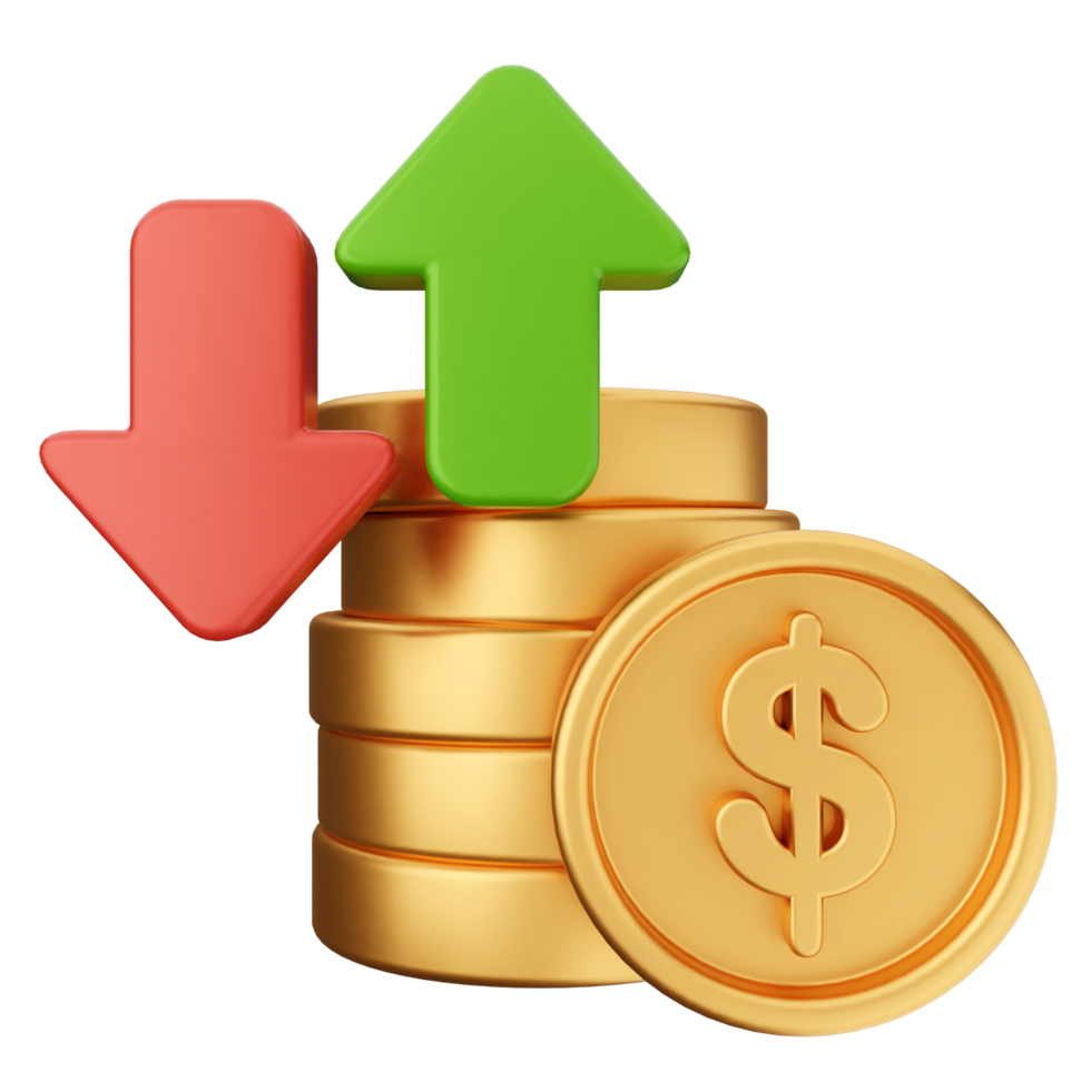 A stack of gold coins with an arrow pointing up and a dollar sign png