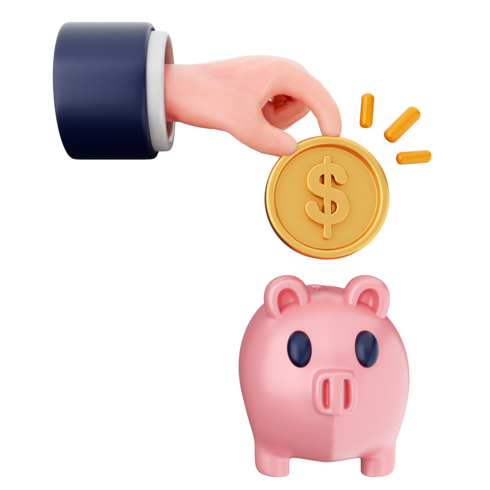 Piggy bank with a coin and hand png