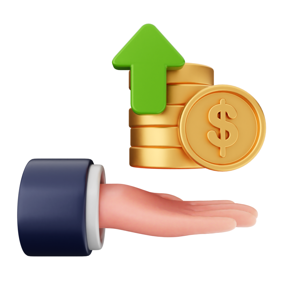A hand holding a stack of coins and an upward arrow png