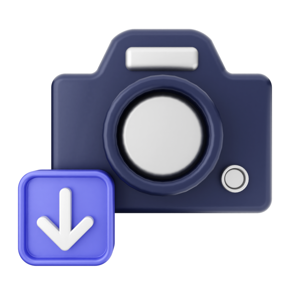 A camera with a blue arrow pointing down png