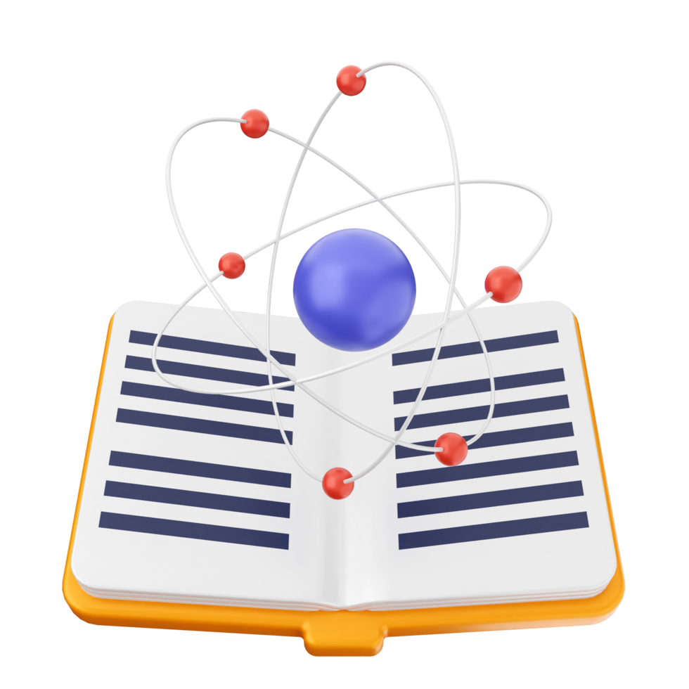 An open book with an atom and a blue sphere png