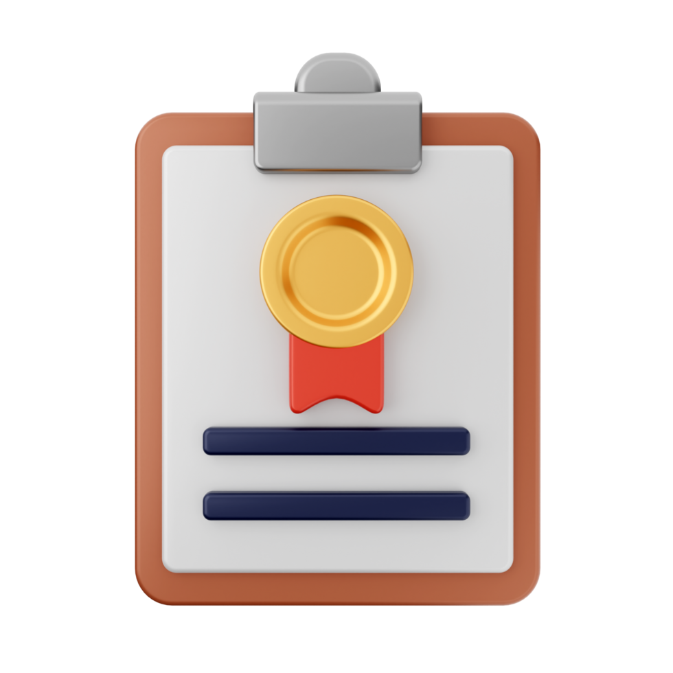 A clipboard with a certificate and a gold medal png