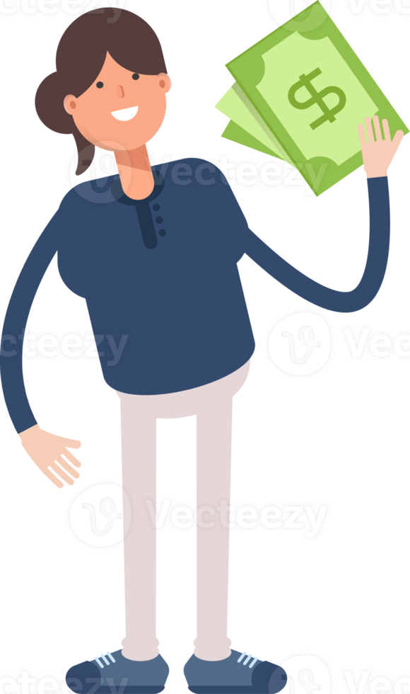 Girl in Blue Shirt Character Holding Dollar Banknotes png