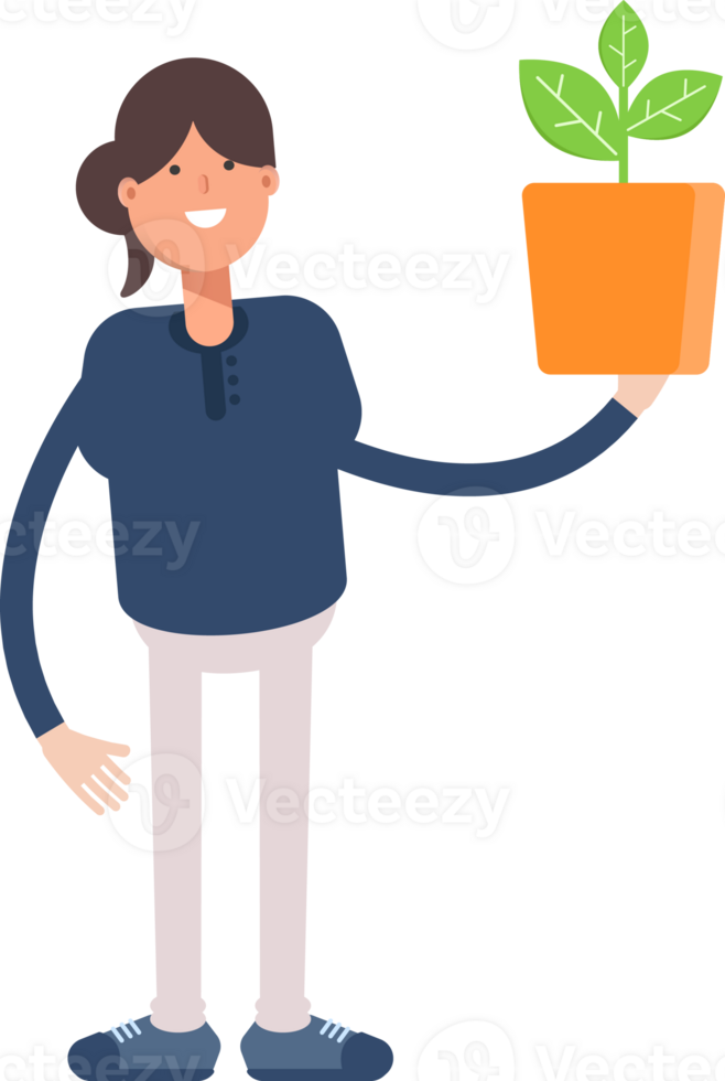 Girl in Blue Shirt Character Holding Plant Pot png