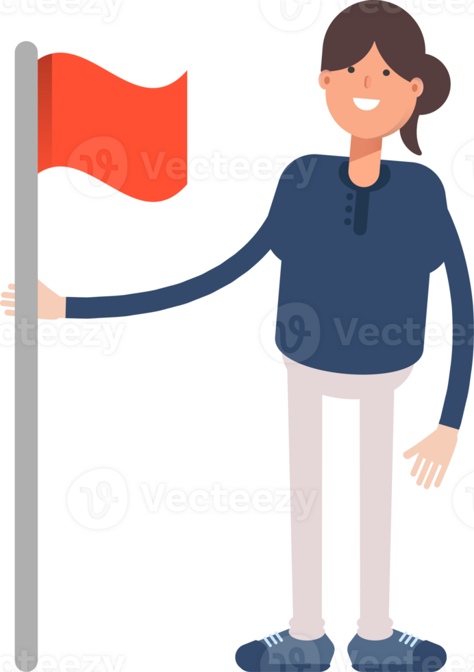 Girl in Blue Shirt Character Holding Red Flag png