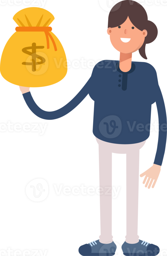 Girl in Blue Shirt Character Holding Dollar Sack png
