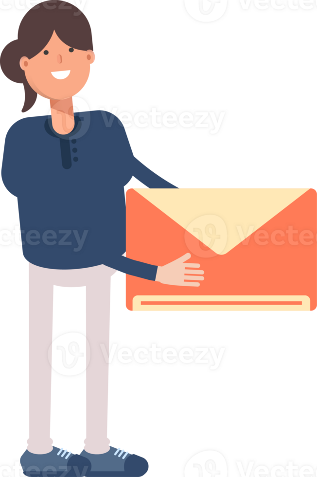 Girl in Blue Shirt Character Holding Mail png