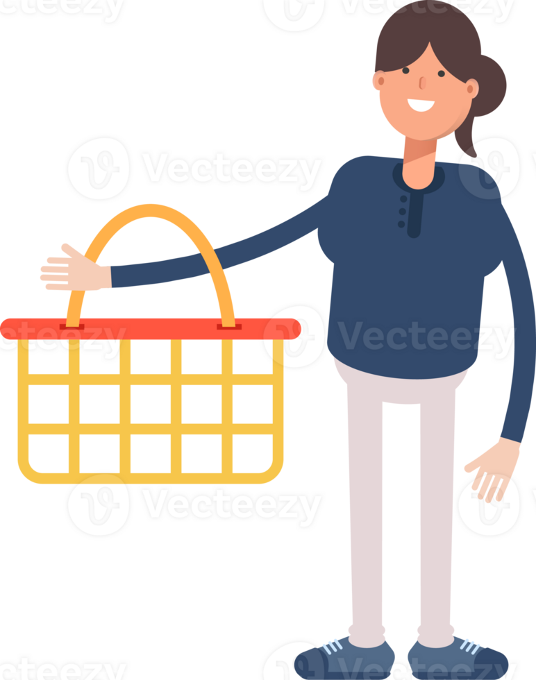 Girl in Blue Shirt Character Holding Shopping Basket png