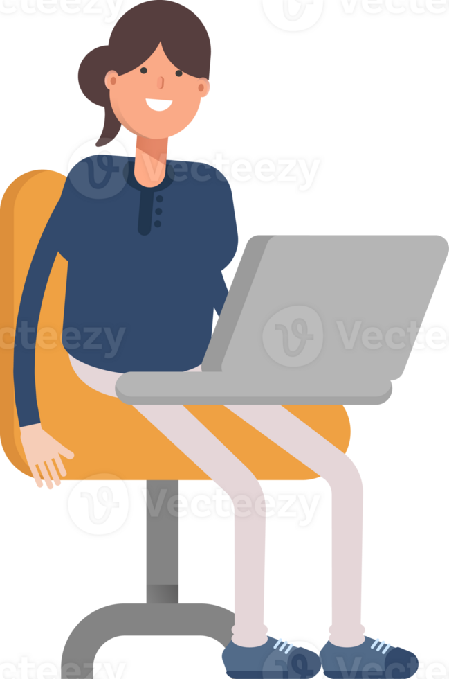 Girl in Blue Shirt Character Working on Laptop png