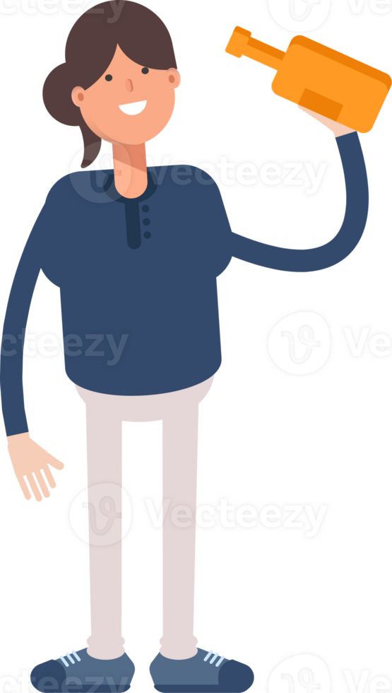 Girl in Blue Shirt Character Drinking Beer png