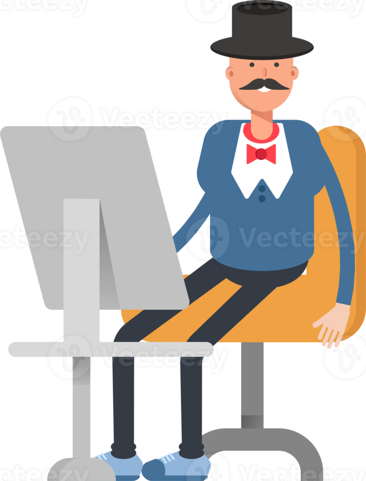 Gentleman in Top Hat Character Working on Desktop png