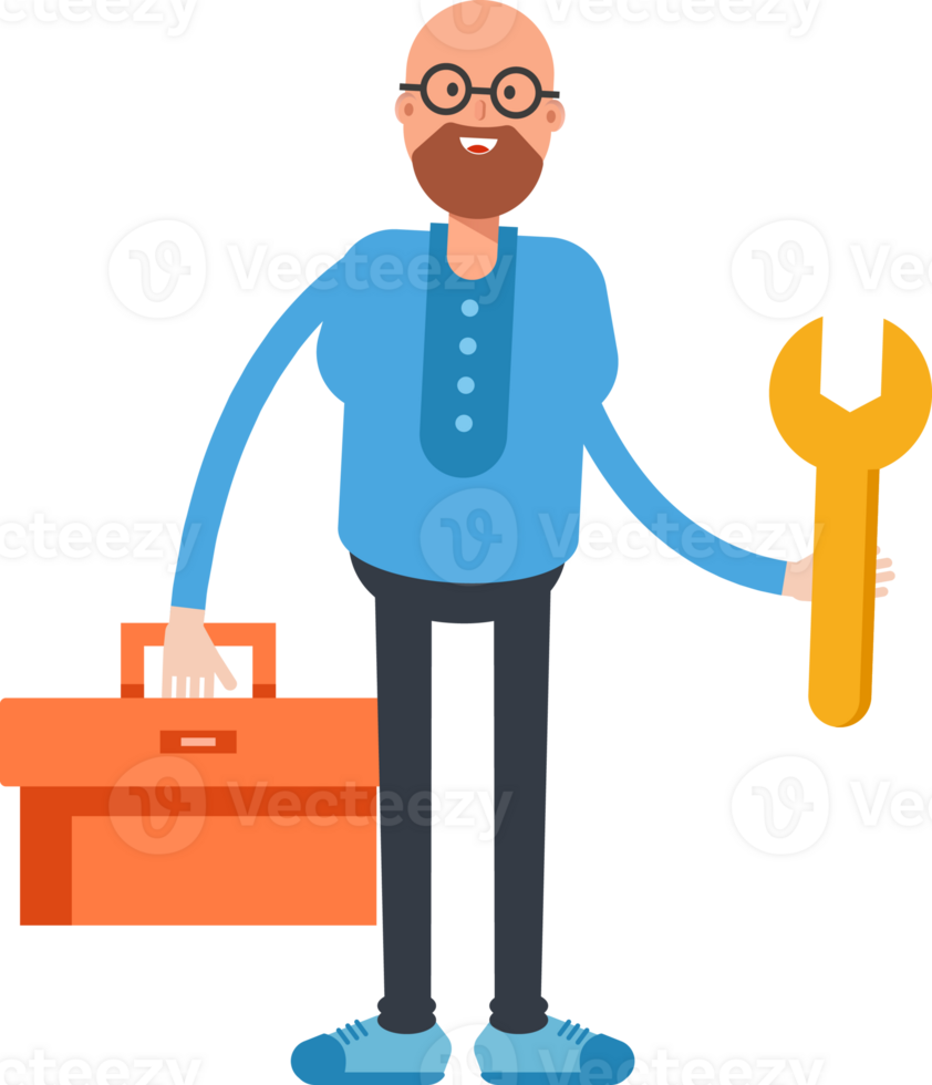 Bald and Beard Man Character Holding Toolbox and Wrench png