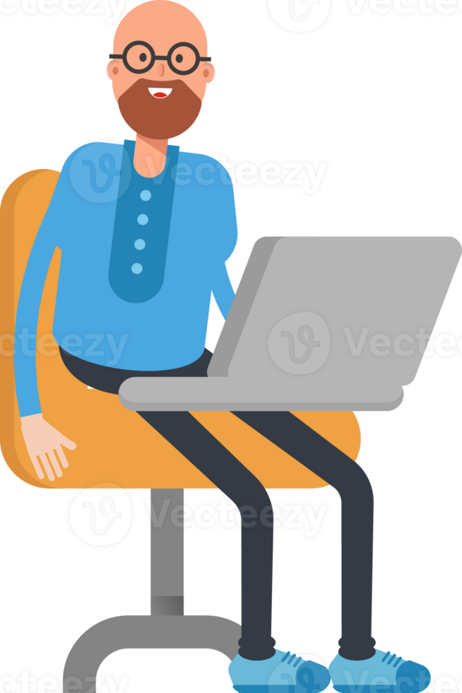 Bald and Beard Man Character Working on Laptop png