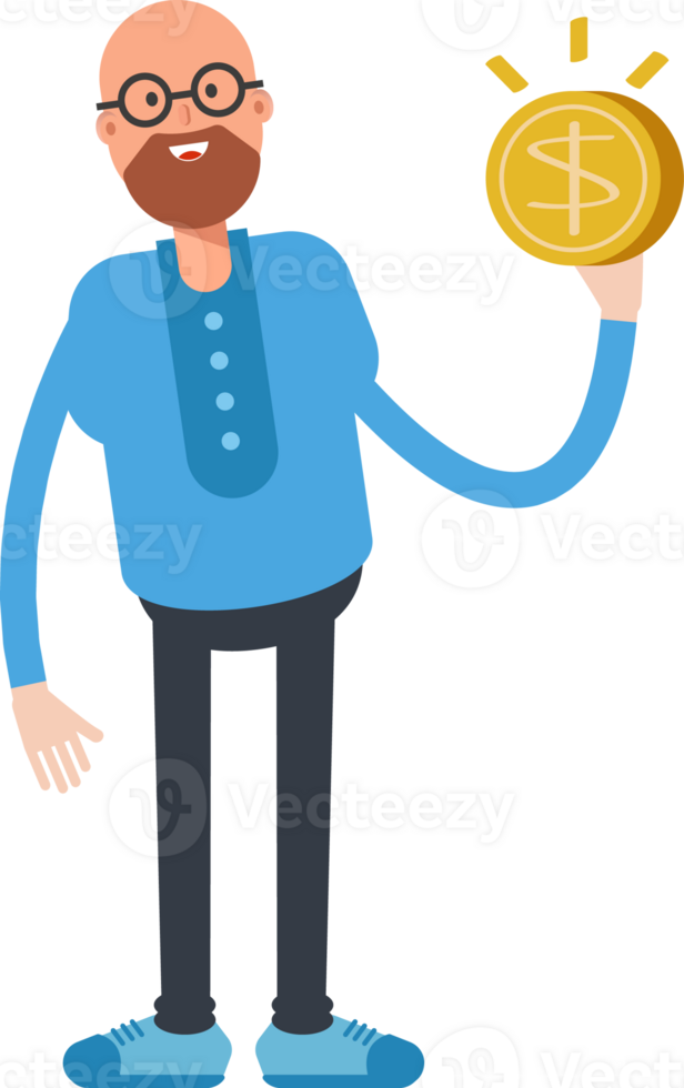 Bald and Beard Man Character Holding Dollar Coin png