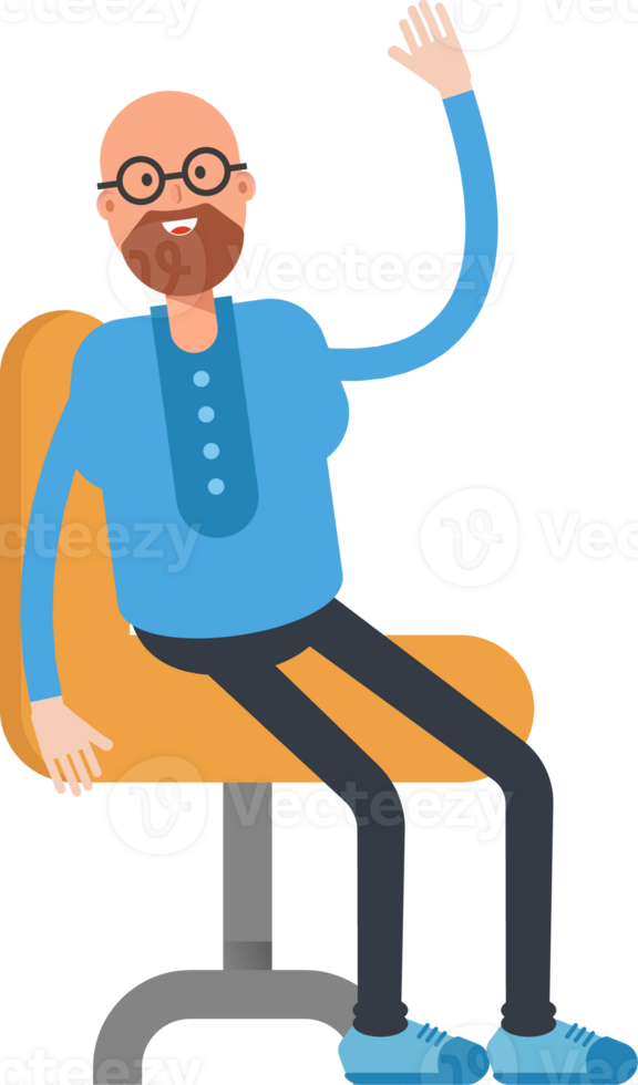 Bald and Beard Man Character Sitting on Chair png