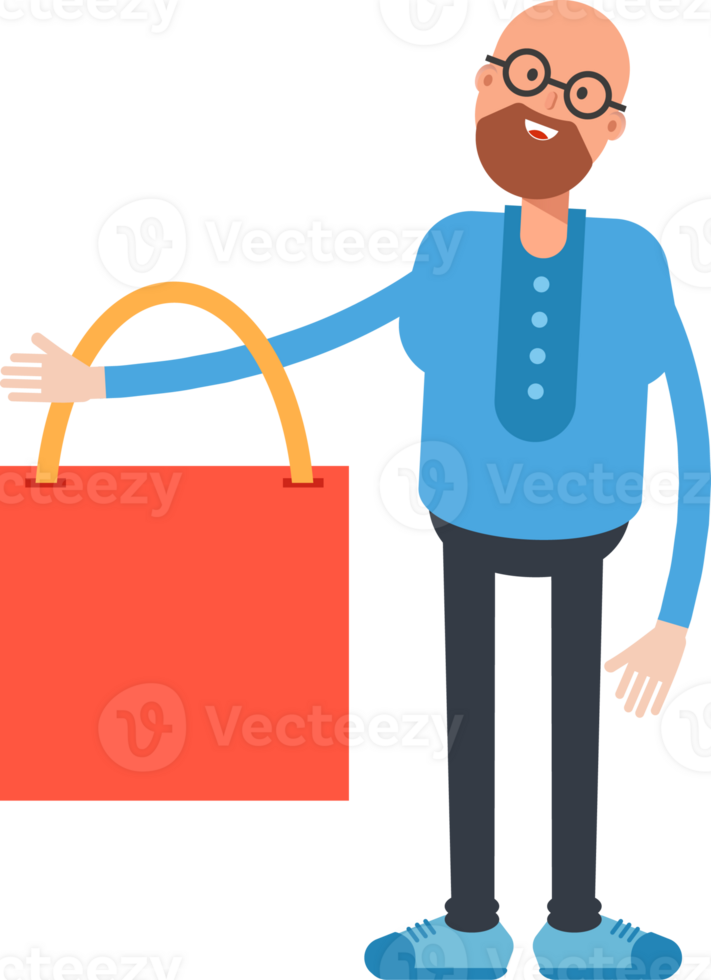 Bald and Beard Man Character Holding Shopping Bag png
