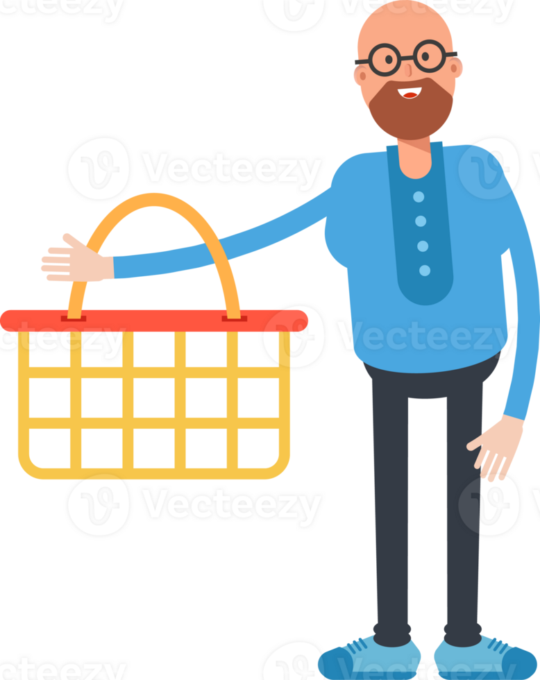 Bald and Beard Man Character Holding Shopping Basket png
