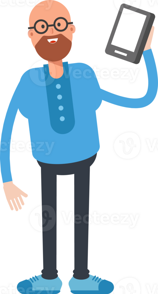 Bald and Beard Man Character Talking on Smartphone png