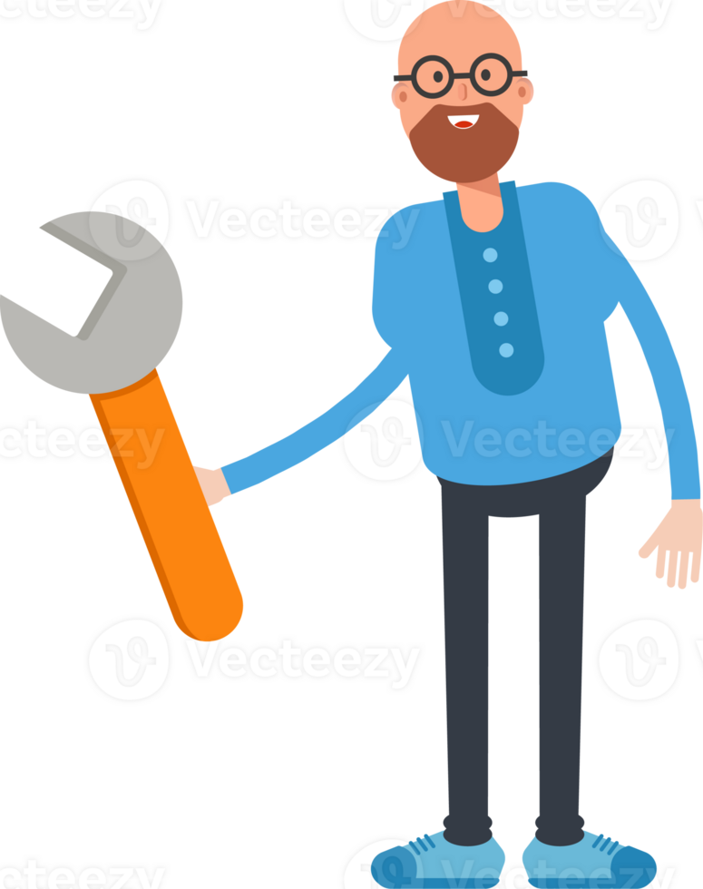 Bald and Beard Man Character Holding Wrench Tool png