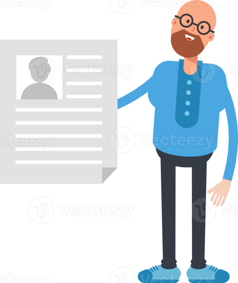 Bald and Beard Man Character Holding Job Application Document png
