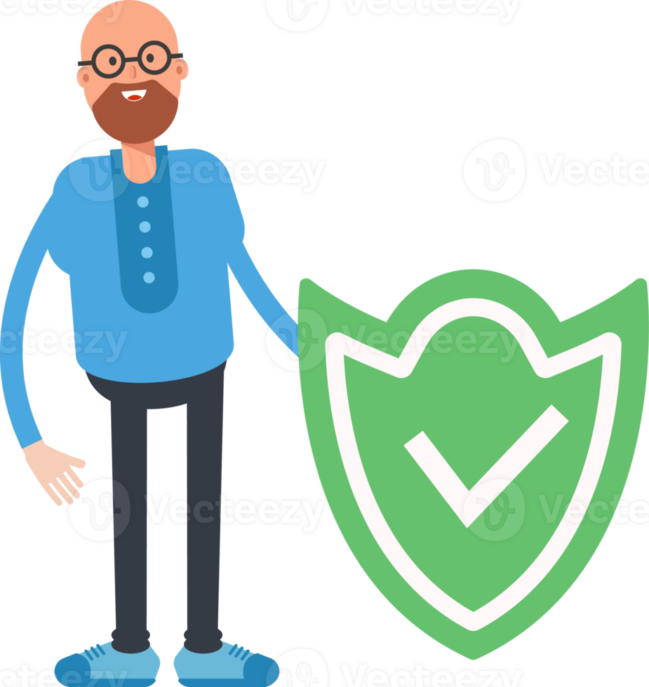 Bald and Beard Man Character and Check Mark Shield png