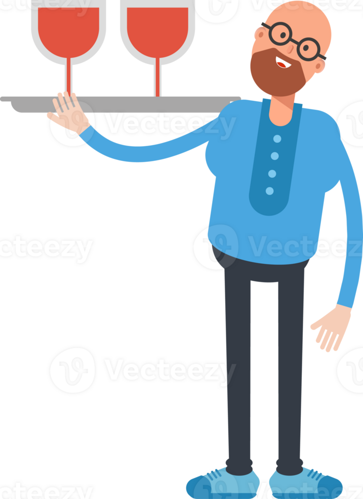 Bald and Beard Man Character Serving Wine Illustration png