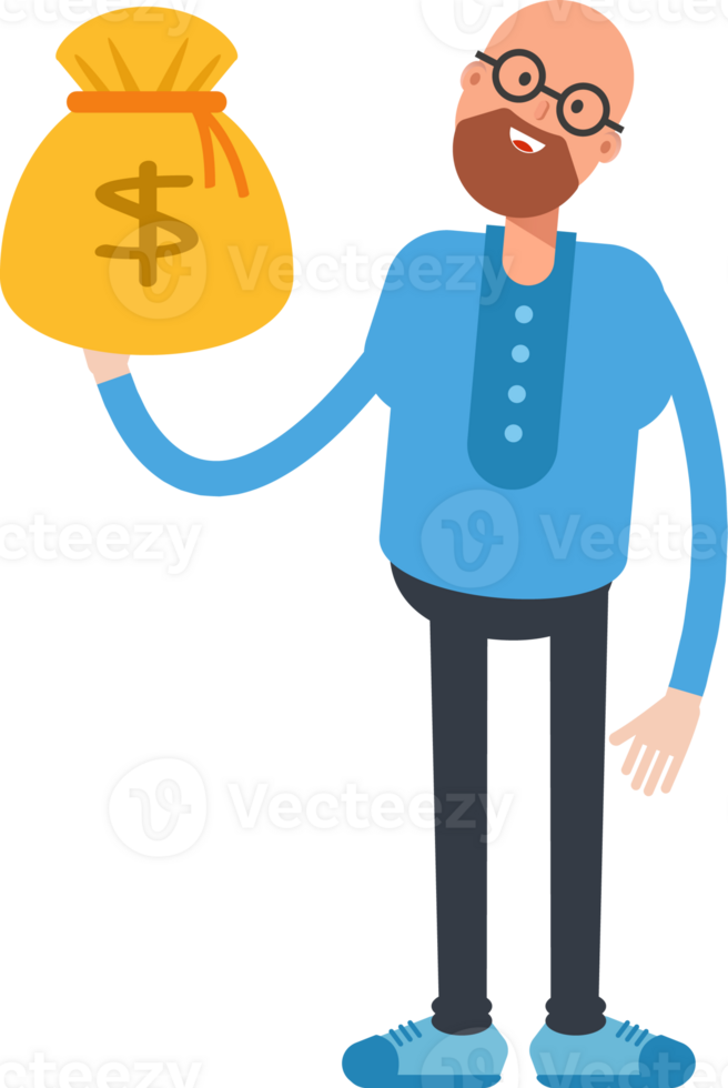 Bald and Beard Man Character Holding Dollar Sack png