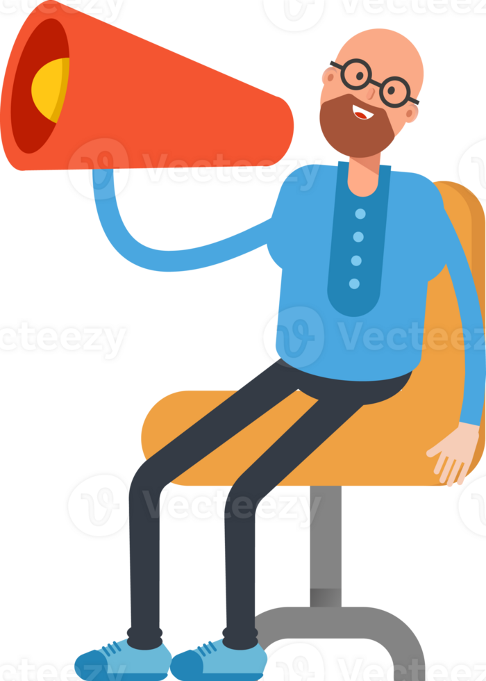 Bald and Beard Man Character and Megaphone png