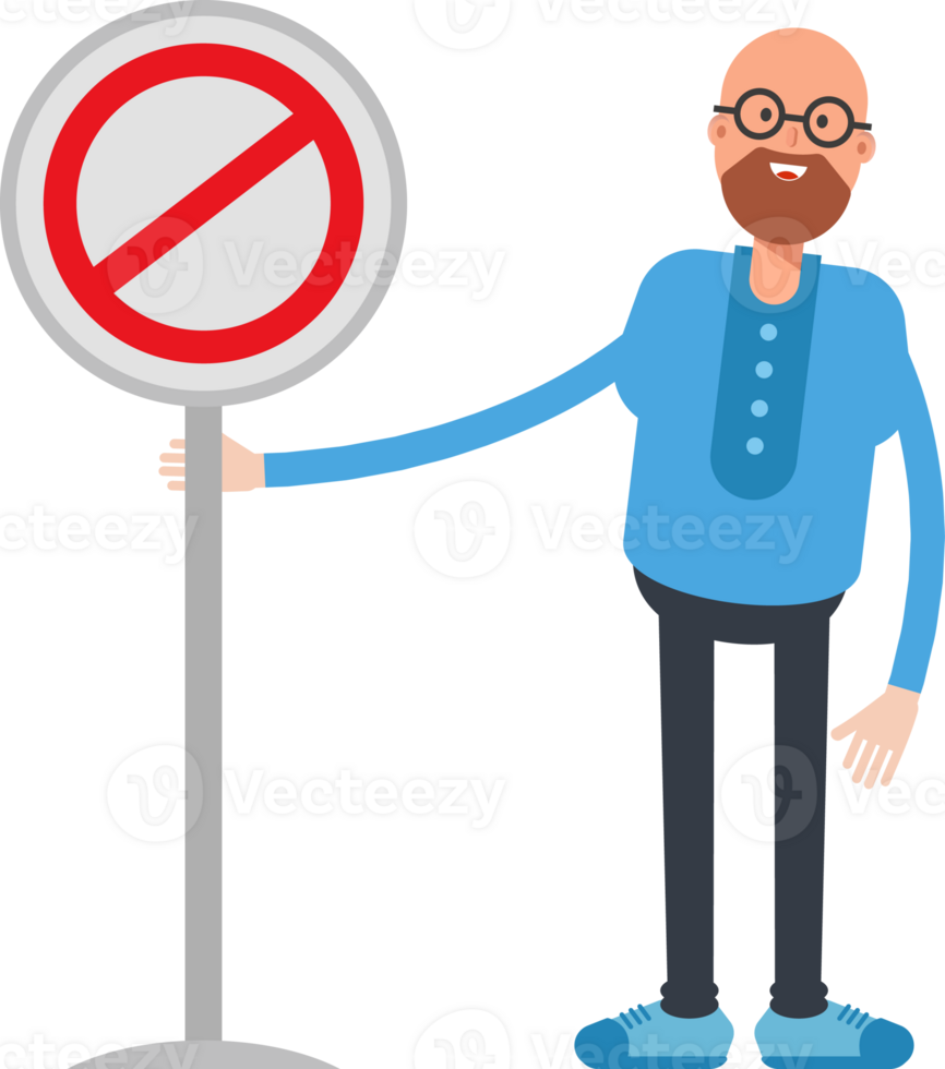 Bald and Beard Man Character and Prohibition Signage png