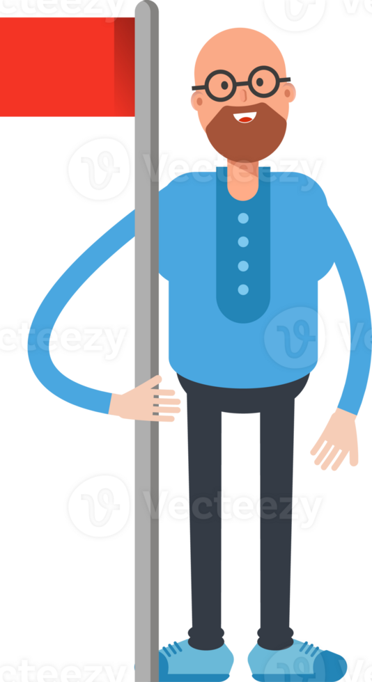 Bald and Beard Man Character Holding Red Flag Pole png