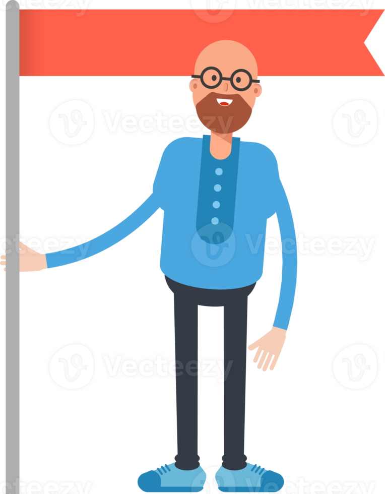 Bald and Beard Man Character Holding Flag Orange Pole png