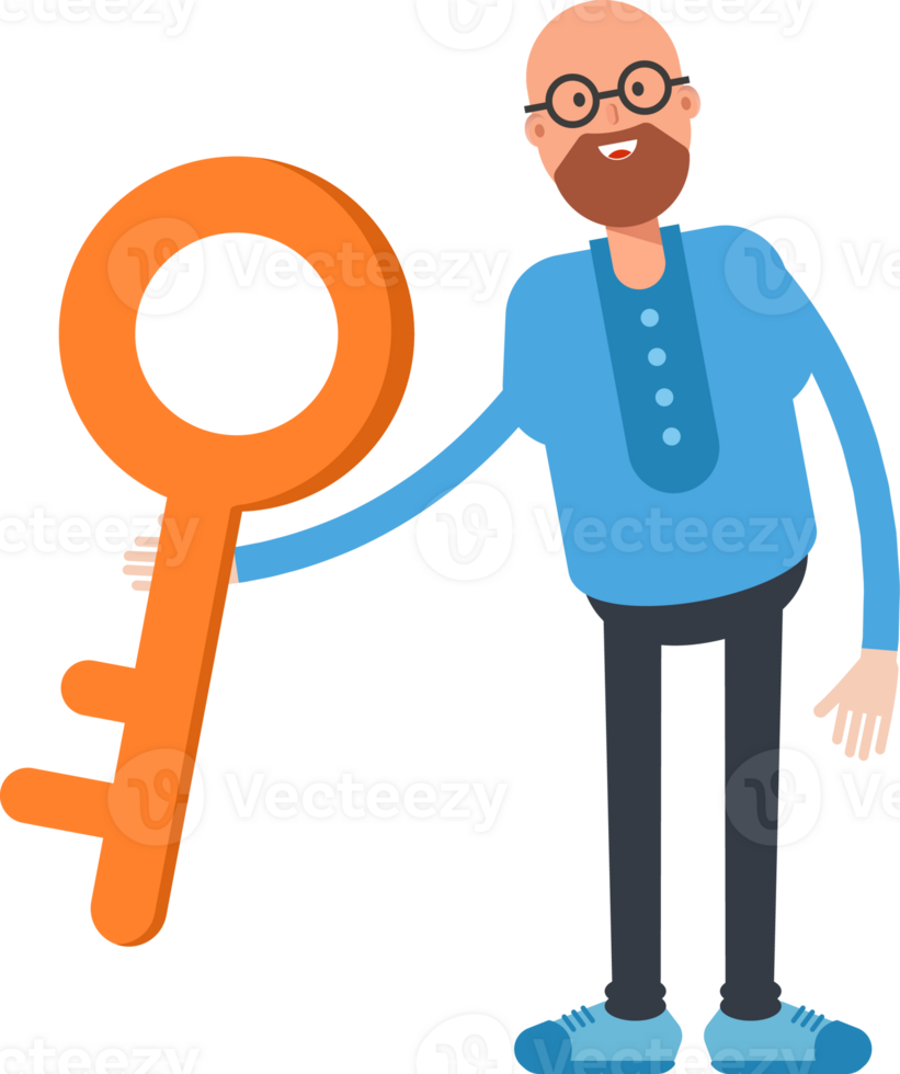 Bald and Beard Man Character Holding Key png