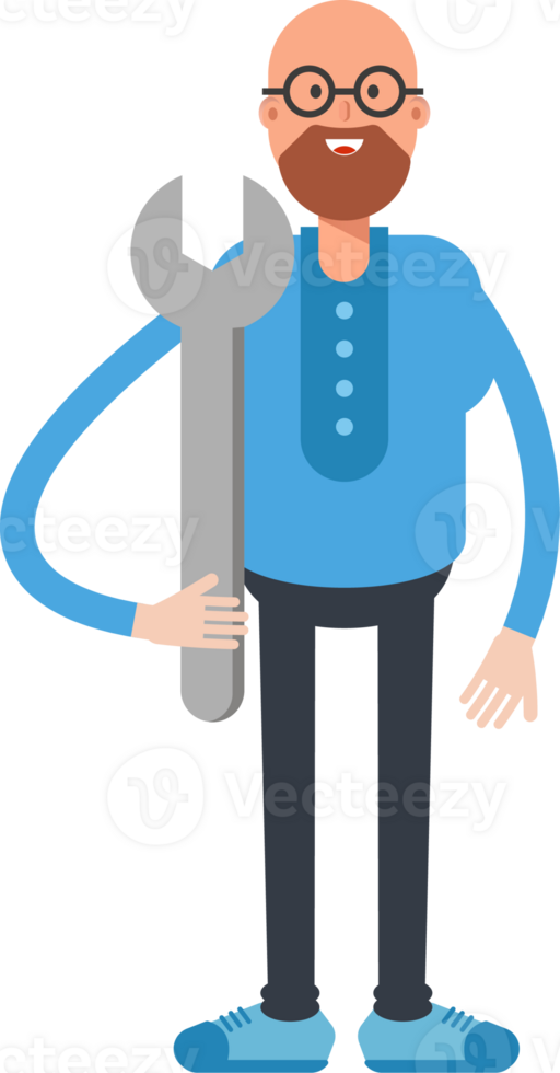 Bald and Beard Man Character Holding Wrench png